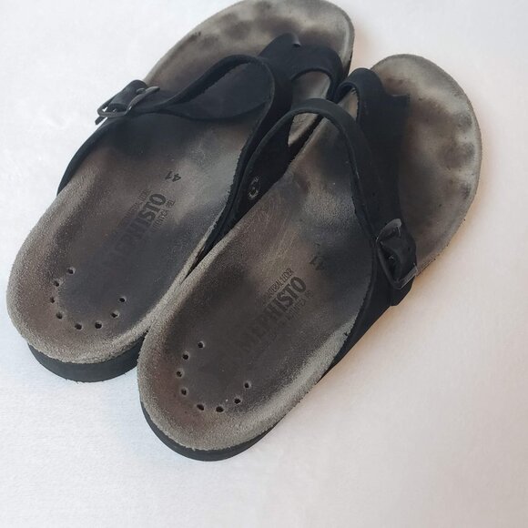 MEPHISTO Helen Sandal 41 Nubuck Leather Strap Black Gray Cork Sole Thong - Picture 3 of 10